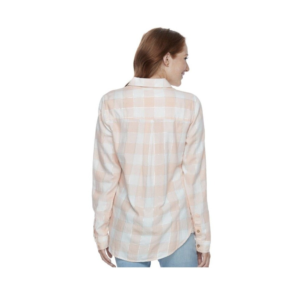 Juniors SO Plaid Lurex Shirt Button-up Long Sleeve Pink White Size Large (F11)